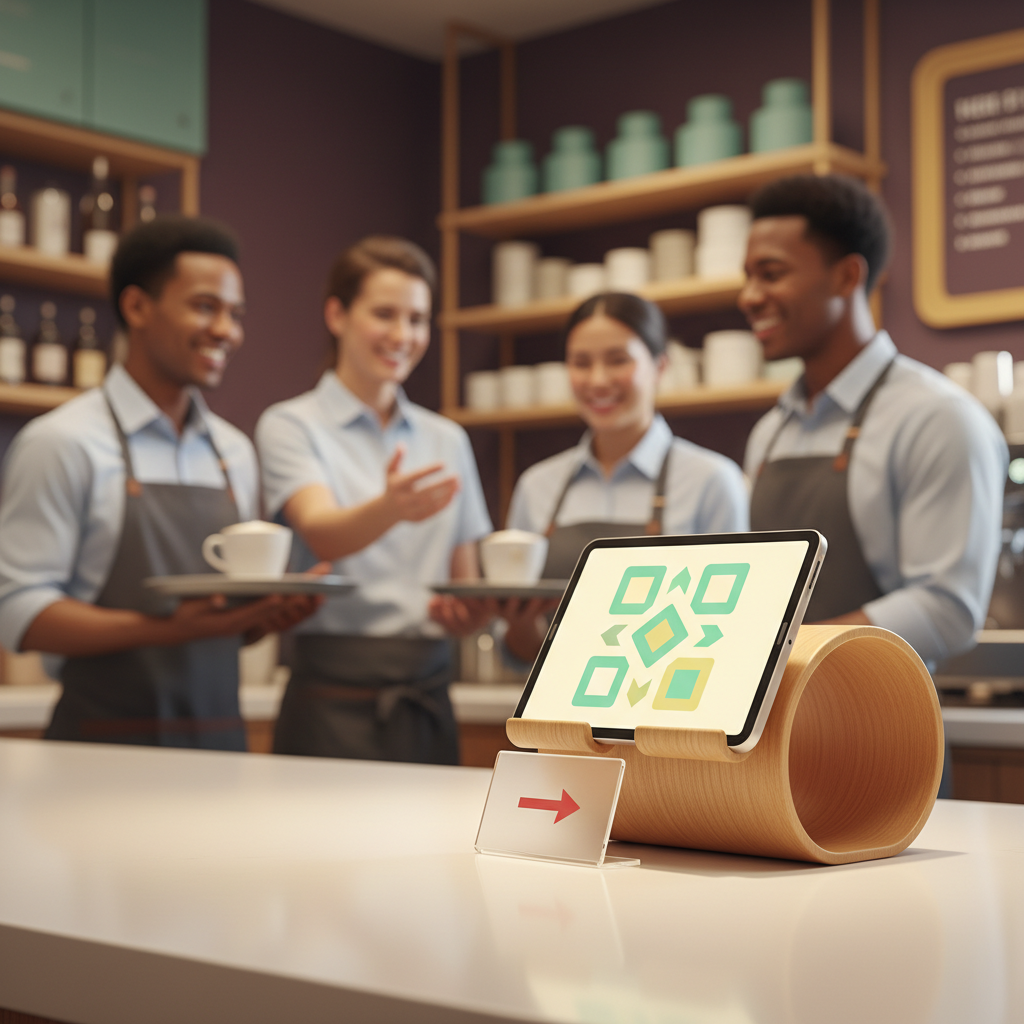 Digital tip jar QR code for staff recognition with a diverse team smiling in the background.