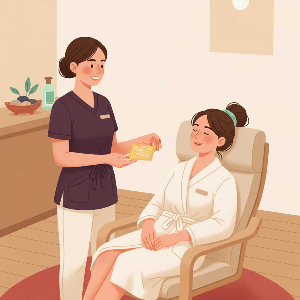 Massage therapist offering a client a small card with a QR code for tipping after a massage.