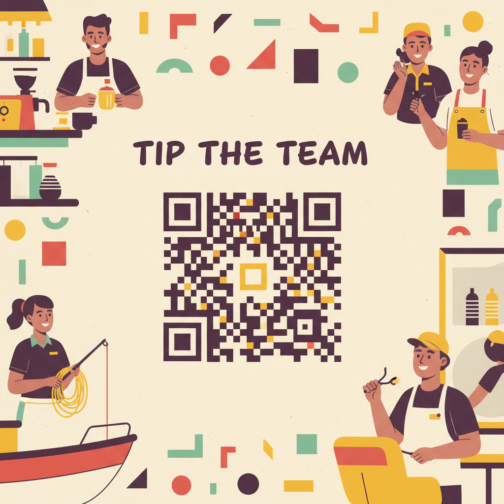 A business owner setting up a digital Tip Jar on a tablet for their team, with staff happily serving customers in the background.