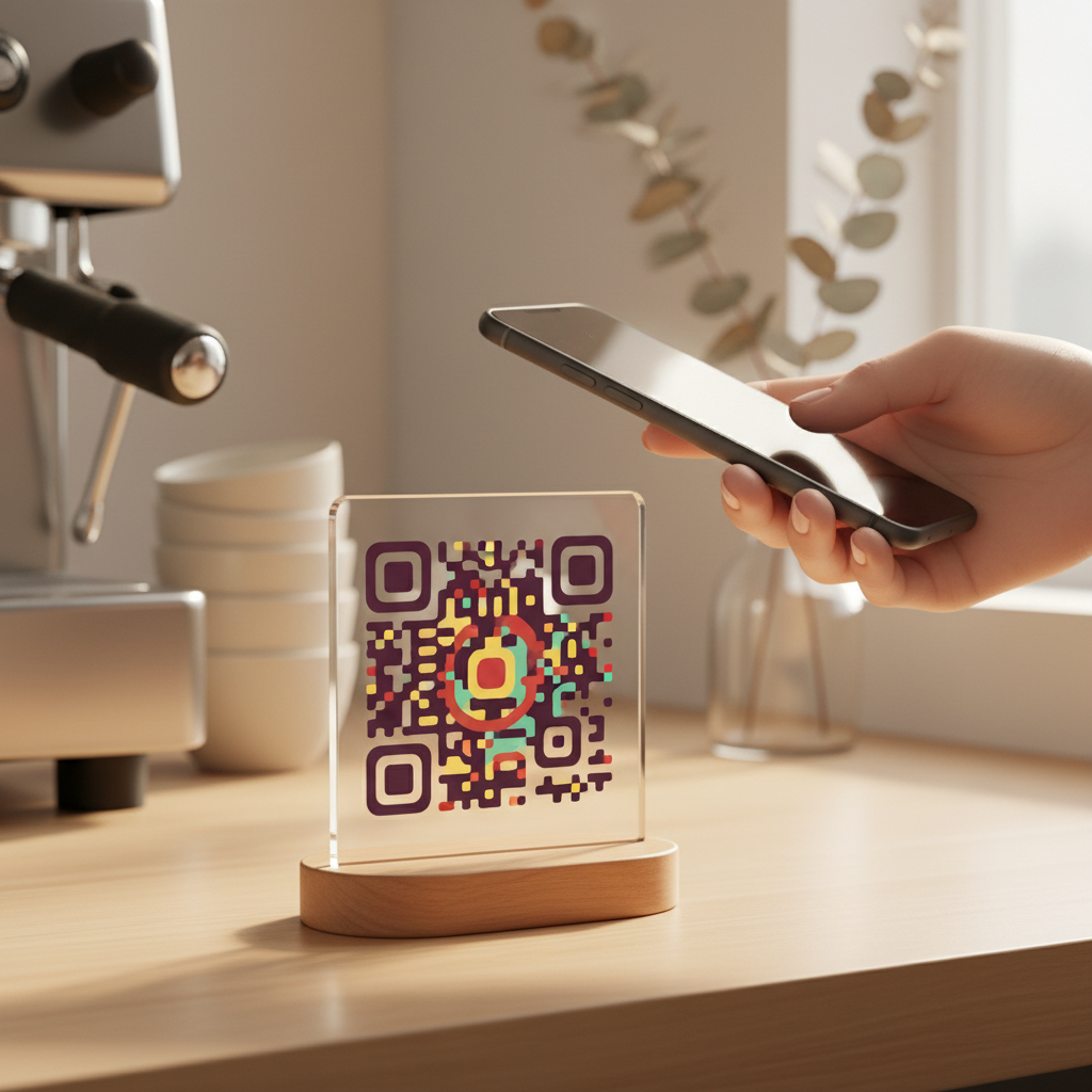 A person scanning a QR code with their smartphone, which is clearly labeled for tipping, on a countertop next to a small, appealing sign.