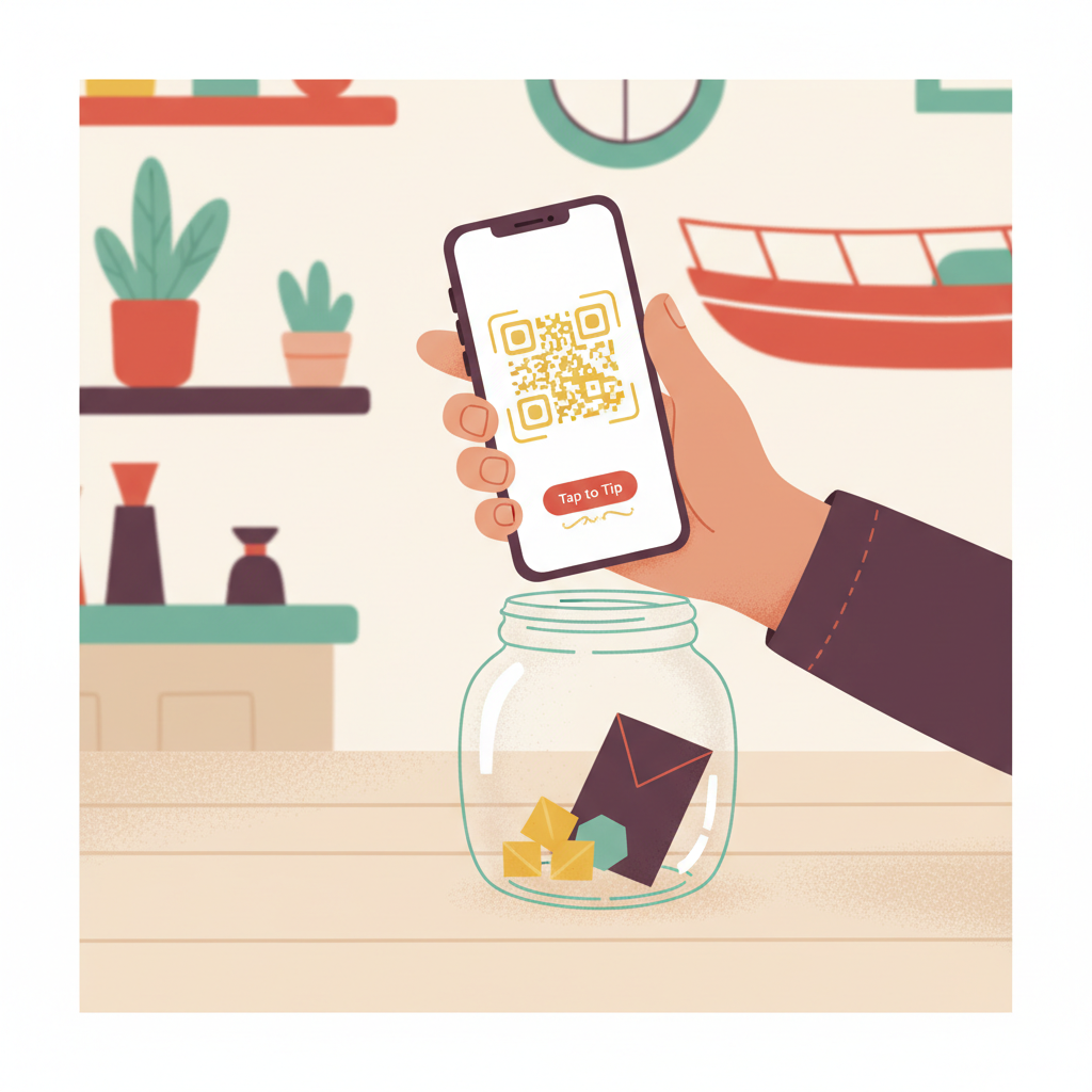 Customer scanning a QR code with their phone to leave a cashless tip using a web browser, not an app.