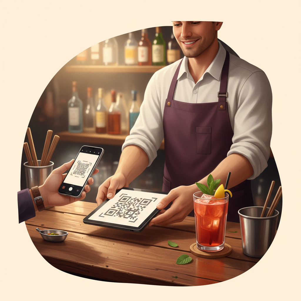 Bartender with a digital tip jar QR code on a bar top