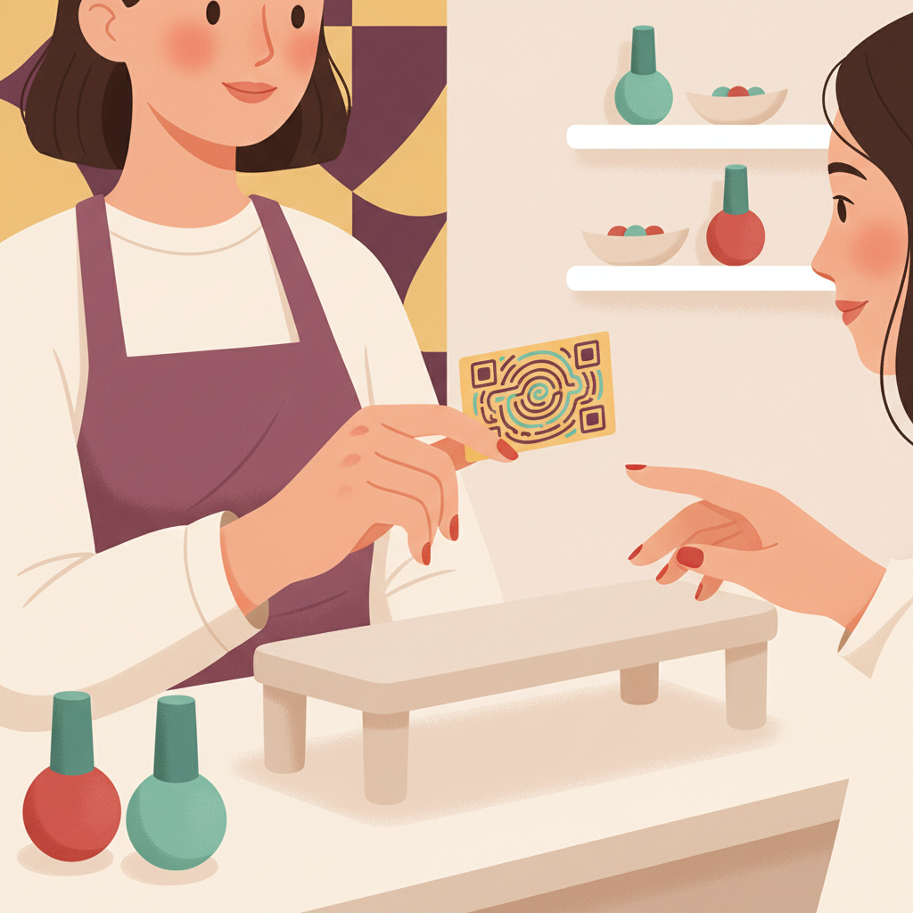 Nail technician offering a QR code tip card to a customer