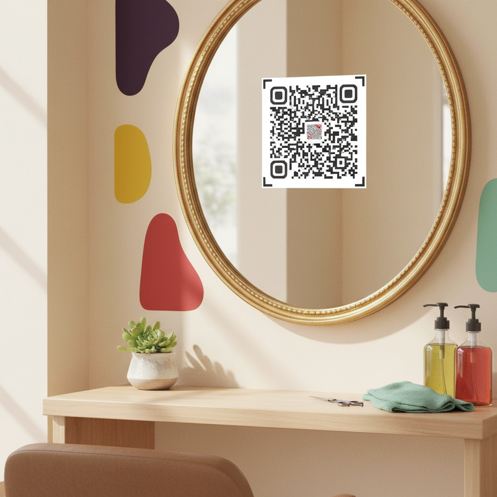 Digital Tip Jar QR code sticker at a salon styling station