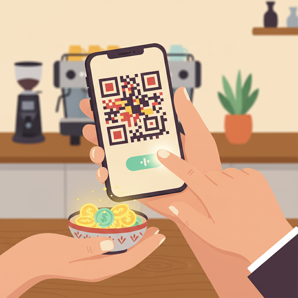 Customer scanning a QR code with their phone to leave a digital tip on a simple web page, no app download required.