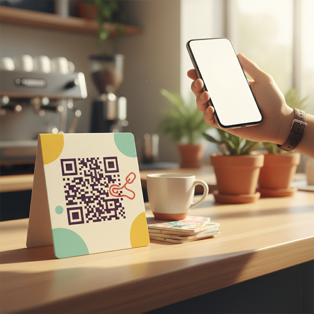 A close-up of a smartphone scanning a QR code for a Tip Jar link, with a clean design that looks like part of a professional service environment.