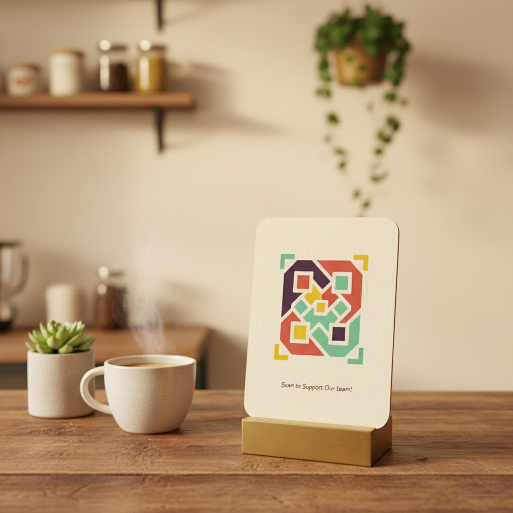A small, elegant sign with a Tip Jar QR code placed on a wooden counter, with a friendly, non-pushy message like 'Say thanks.'