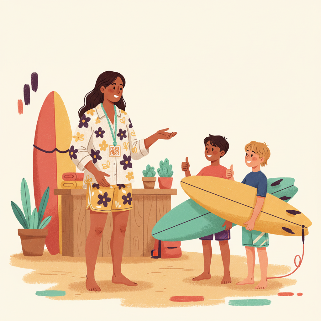 Surf instructor smiling with students, a digital tip jar QR code discreetly visible at the end of a lesson.
