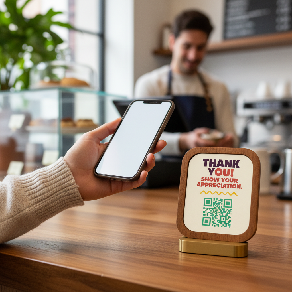 A person's hand holding a smartphone, scanning a QR code on a small, unobtrusive sign that encourages tipping. The background is slightly blurred, suggesting a real-world service environment.