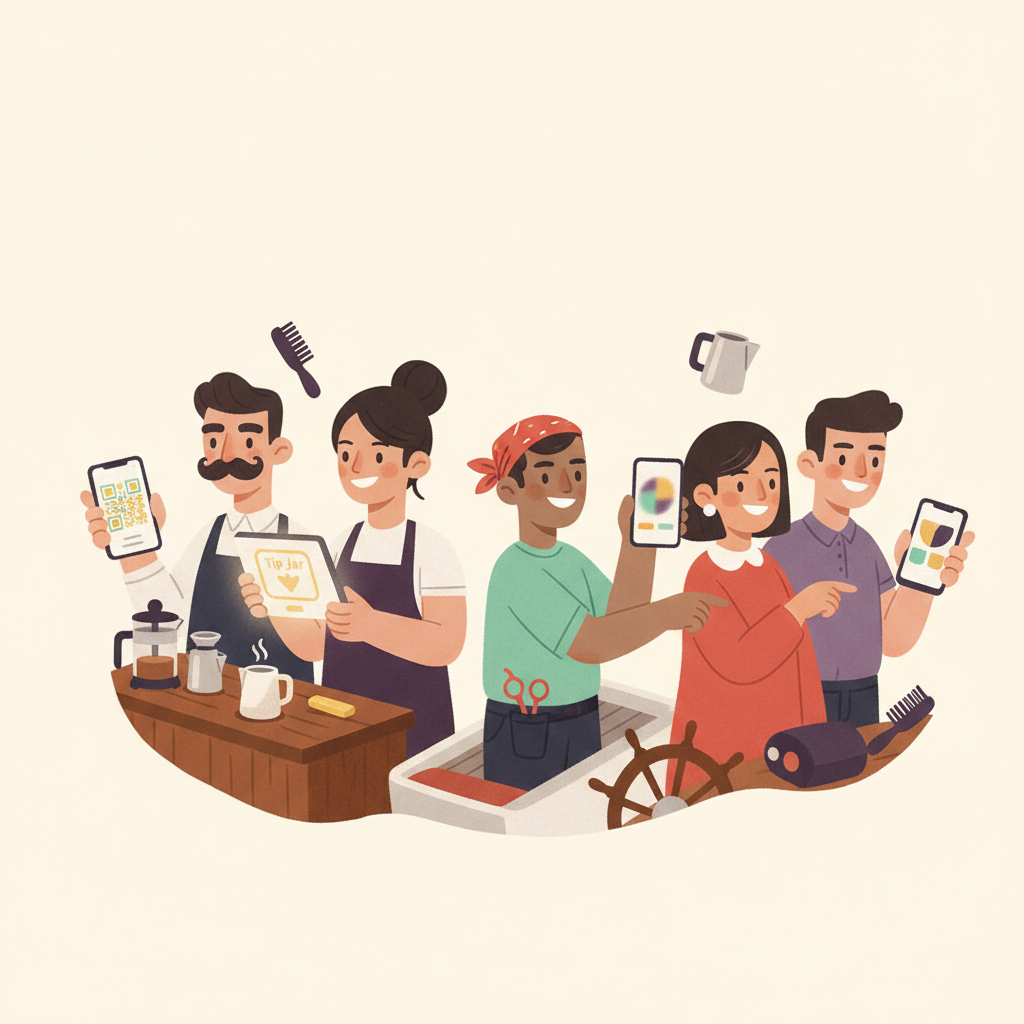 A diverse team of service workers smiling, with a digital tip jar visible on a phone screen.