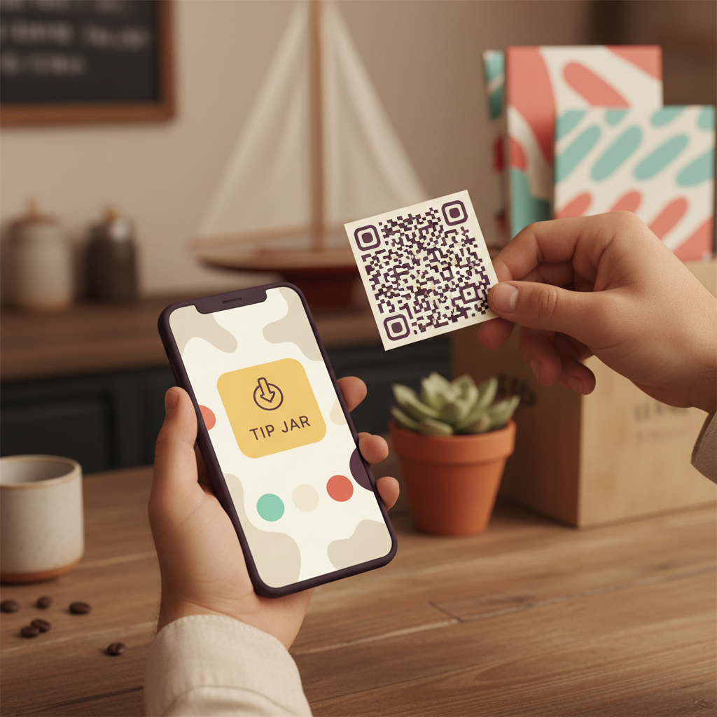 A person holding a phone showing a digital Tip Jar page with options to tip, next to a printed QR code for the same tip jar.
